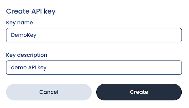 API key creation screen with fields for name and description